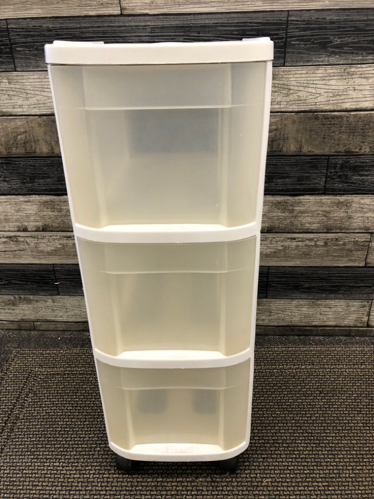 NARROW 3 DRAWER WHITE STORAGE CART.