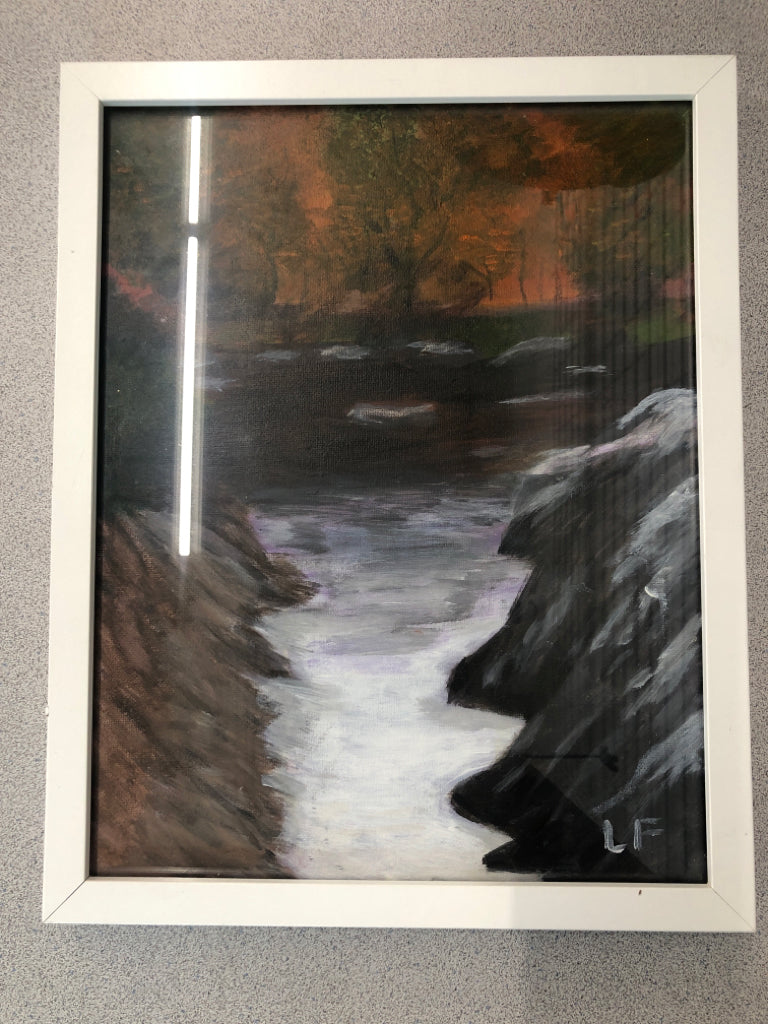 RIVER PAINTING IN WHITE WOOD FRAME.