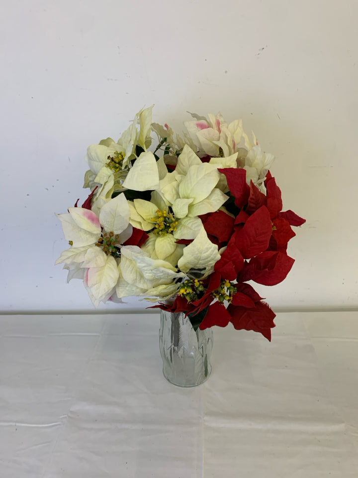 WHITE AND RED POINSETTIA ARRANGEMENT.