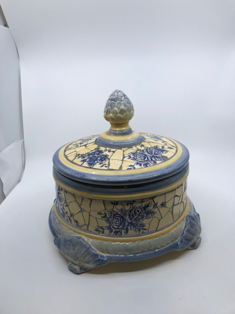 YELLOW AND BLUE FOOTED CANISTER W LID.