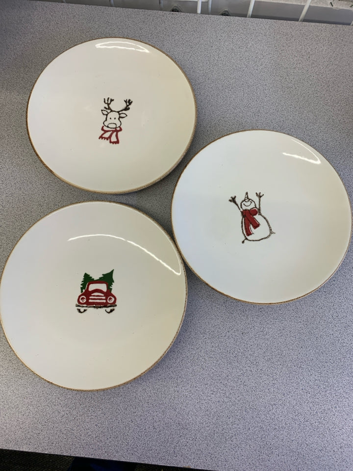 3 PC DESSERT PLATES-SNOWMAN, REINDEER, RED TRUCK.