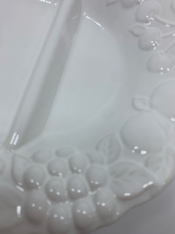 WHITE CERAMIC 3 SECTION SERVING DISH W/RAISED GRAPE VINE PATTERN.