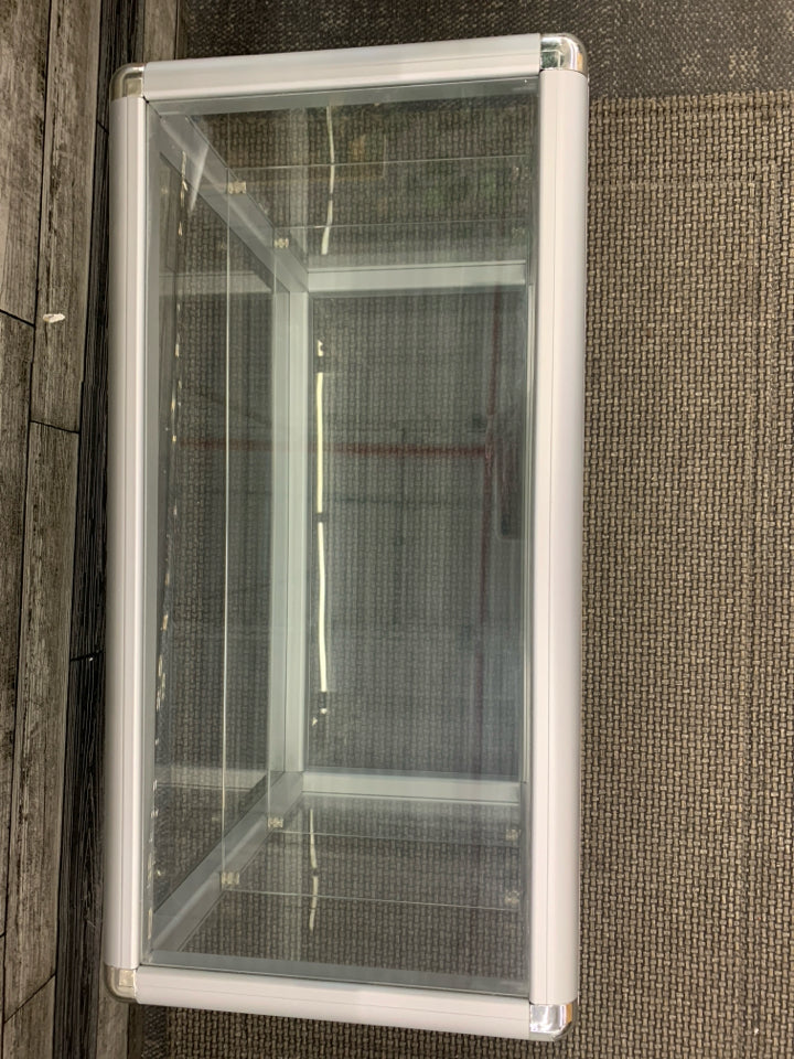 GLASS DISPLAY CASE- SLIDING DOORS, 2 SHELVES.