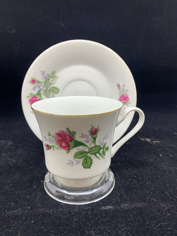 PINK FLORAL FINE CHINA TEA CUP AND SAUCER.