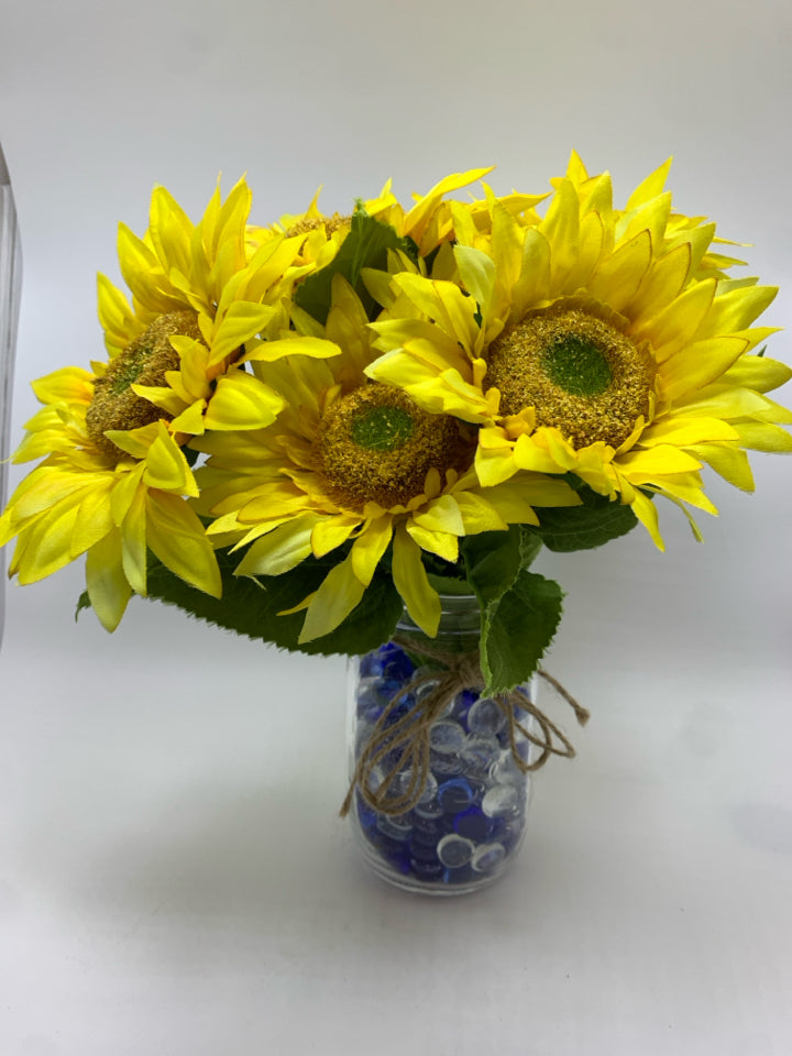 FAUX SUNFLOWERS IN JAR W/GLASS BEADS.
