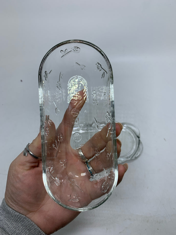 CLEAR GLASS COVERED  BUTTER DISH W/ EMBOSSED FLOWERS.