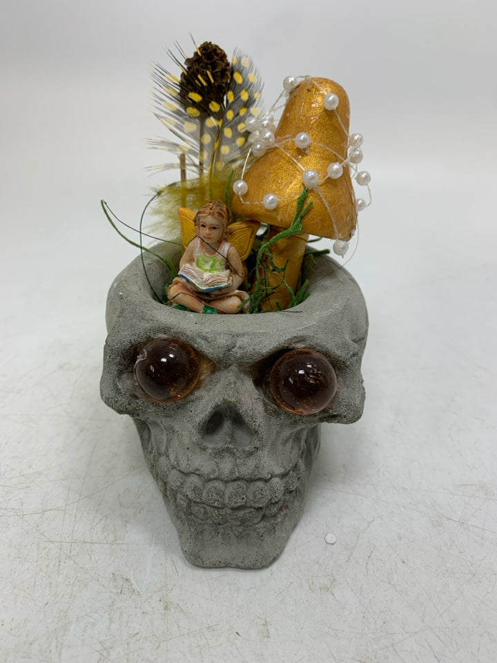 CEMENT SKULL HEAD PLANTER W/ FAIRY GARDEN.