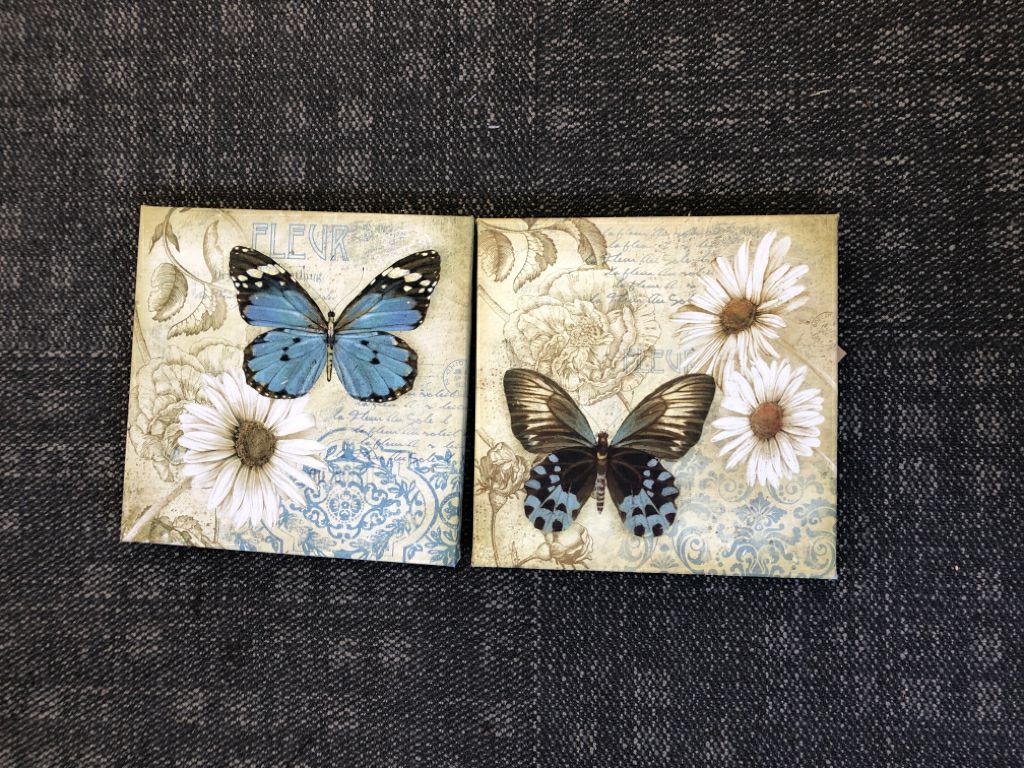 2 PC CANVAS BUTTERFLIES,DAISIES,SCRIPT ART.