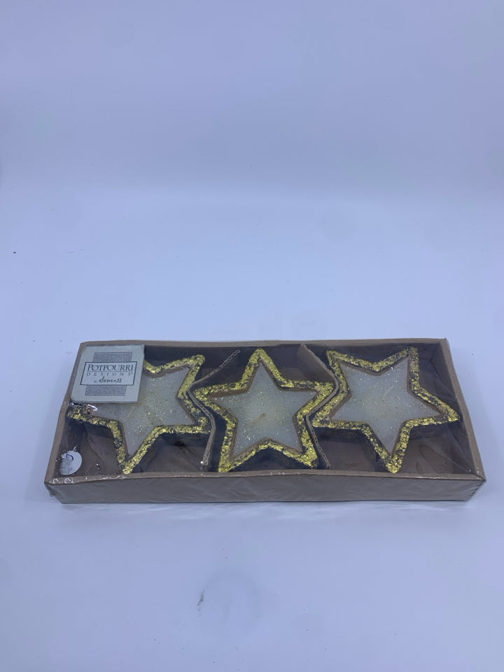 NIB POTPOURRI DESIGNS 3 STAR CANDLES DISTRESSED GOLD.