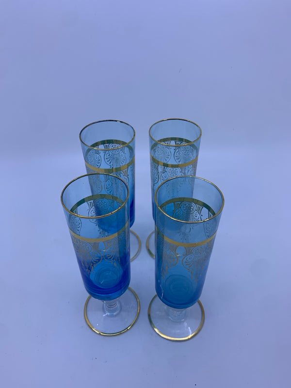 4 VINTAGE BLUE/GOLD GLASSES W/ DESIGNS.