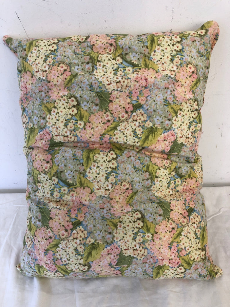 PINK AND BLUE FLORAL RECTANGLE PILLOW.