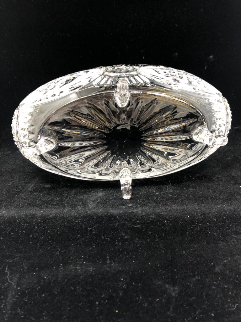FOOTED OVAL CUT GLASS CANDY DISH W/EMBOSSED FLOWERS.