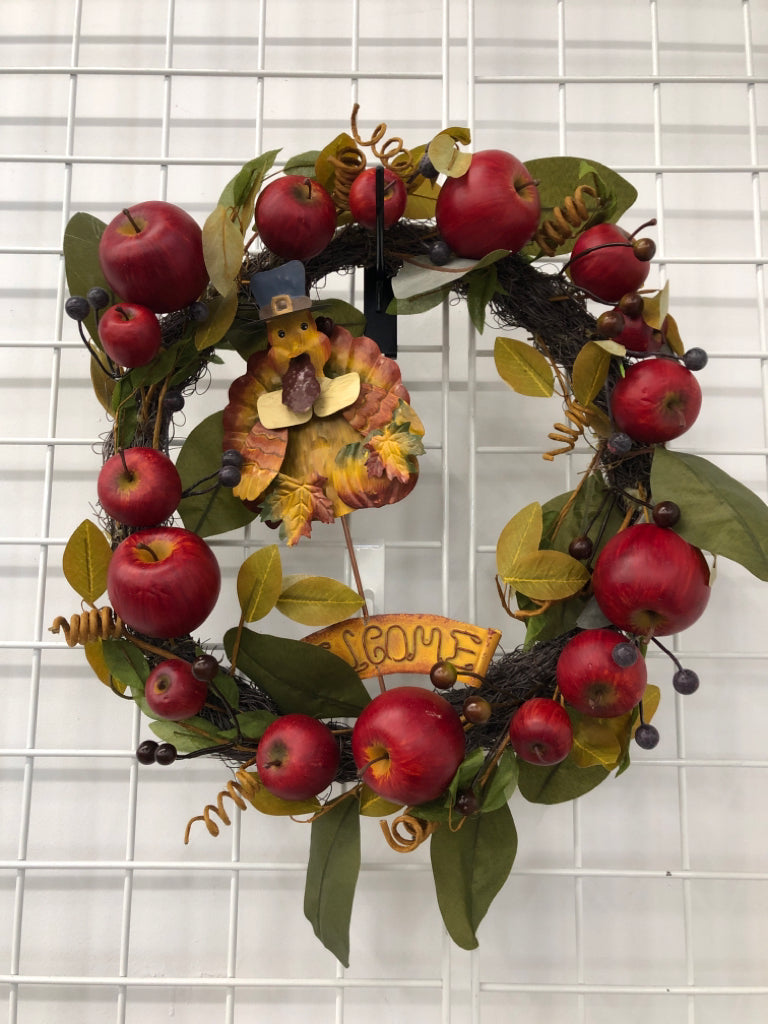 FAUX APPLES AND METAL TURKEY WREATH.