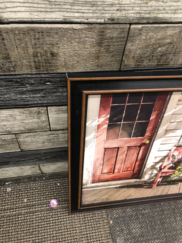 PORCH SCENE W/ RED BENCH+DOOR FRAMED PRINT.