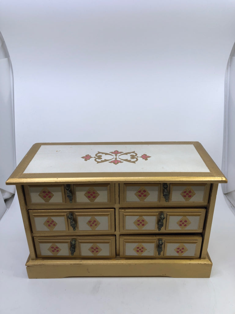 VTG GOLD RED PATTERN MUSIC/JEWELRY BOX.