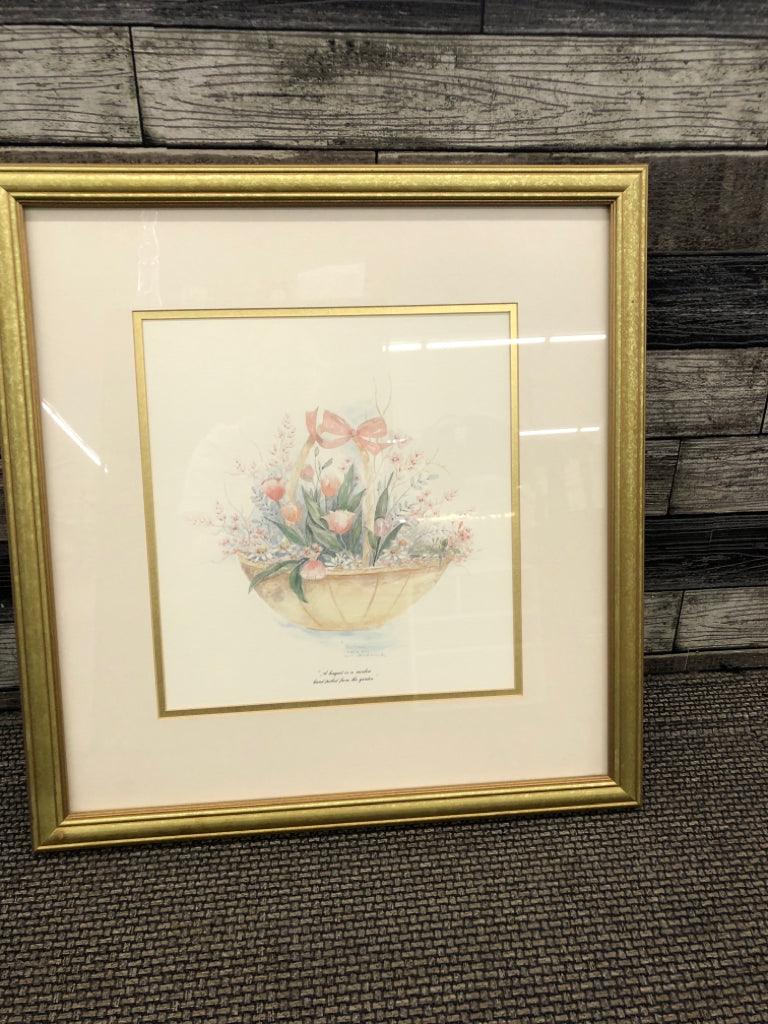 BASKET OF PINK FLOWERS IN GOLD FRAME WALL HANGING.