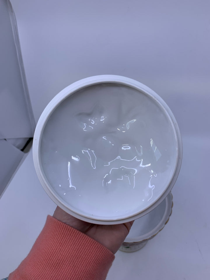 WHITE CERAMIC FOOTED BOWL W/ EMBOSSED COLORFUL FLOWERS W/ LID.