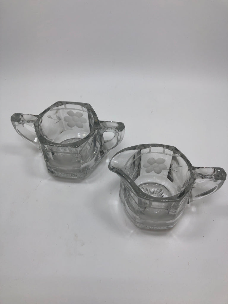 VTG HEXAGON GLASS CREAMER AND SUGAR SET W/ETCHED FLOWERS.