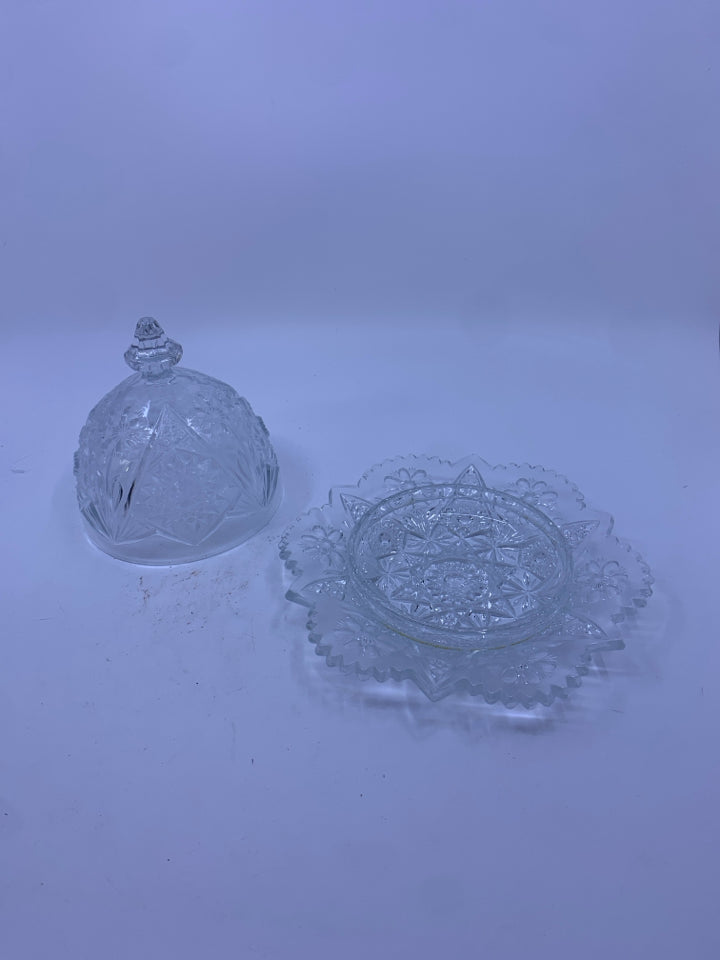 CUT GLASS BUTTER DISH W/ DOME EMBOSSED FLOWERS.