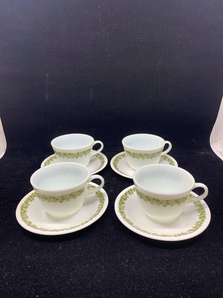 4 VTG PYREX GREEN FLORAL MUGS AND SAUCERS