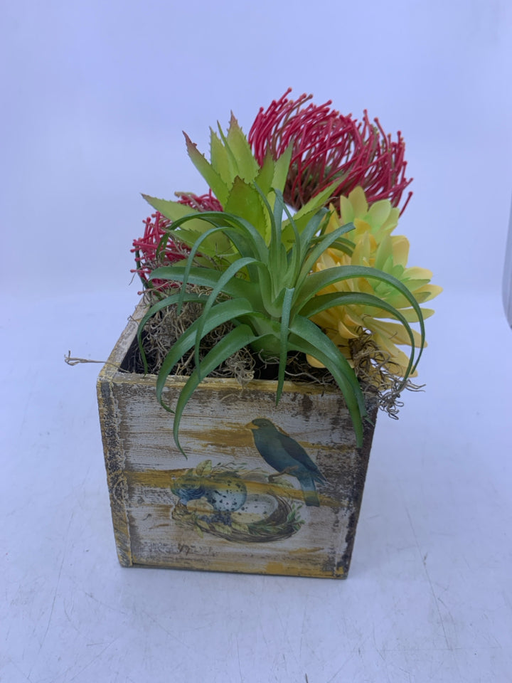 PAINTED WOOD BOX W/ BIRDS FAUX SUCCULENTS.