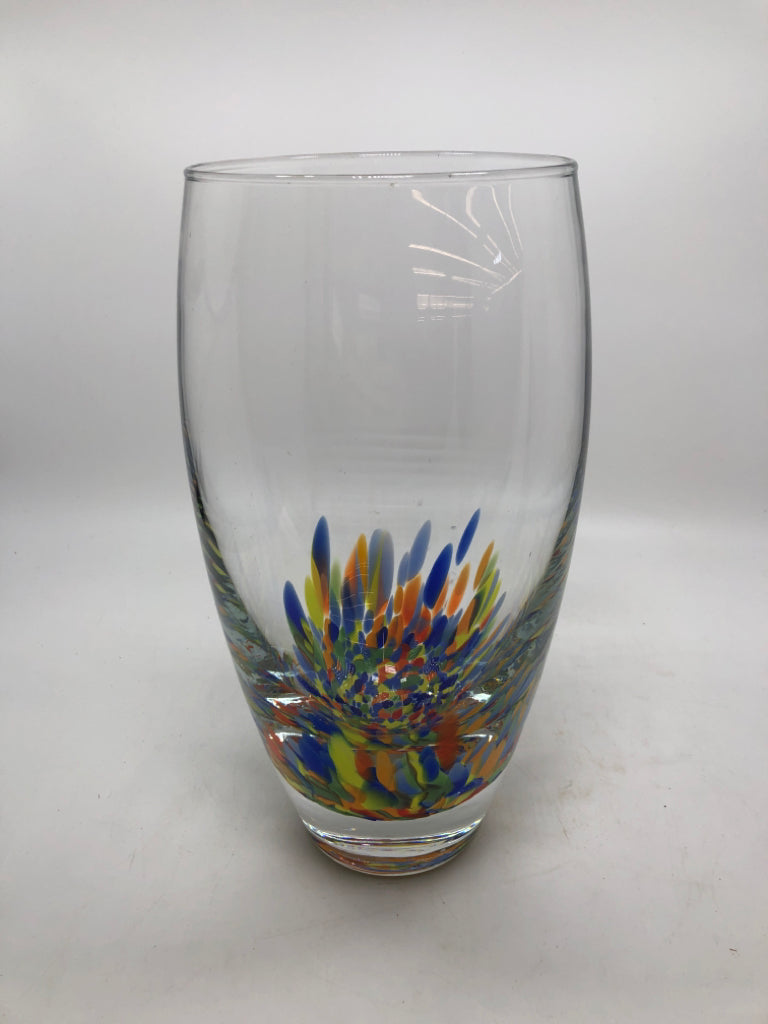 HEAVY BLOWN GLASS VASE W/COLORFUL BOTTOM.