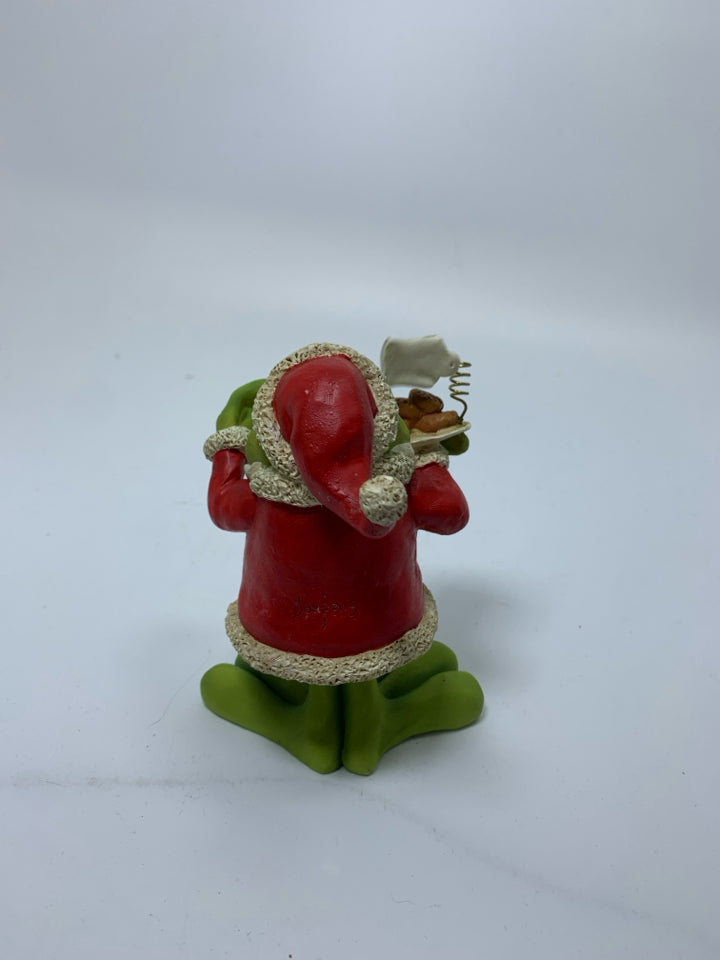 RESIN FROG IN SANTA SUIT HOLDING COOKIES BOBBLE HEAD.