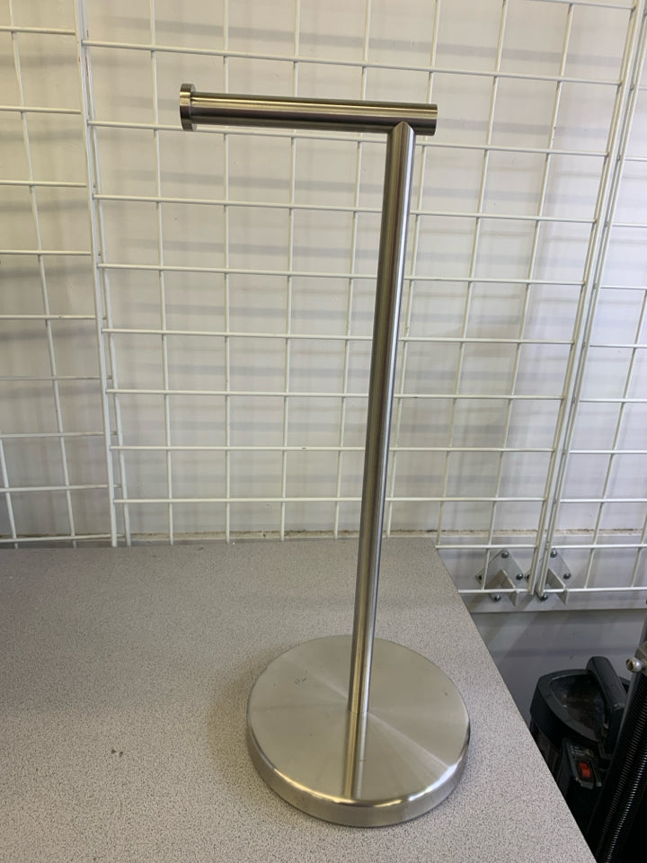 SILVER METAL STANDING TOILET PAPER HOLDER.
