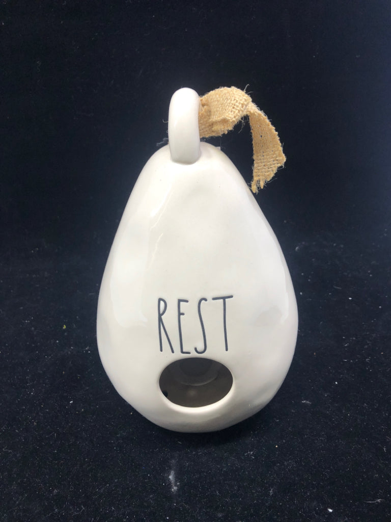 RAE DUNN "REST" BIRD HOUSE W/ FEATHER.