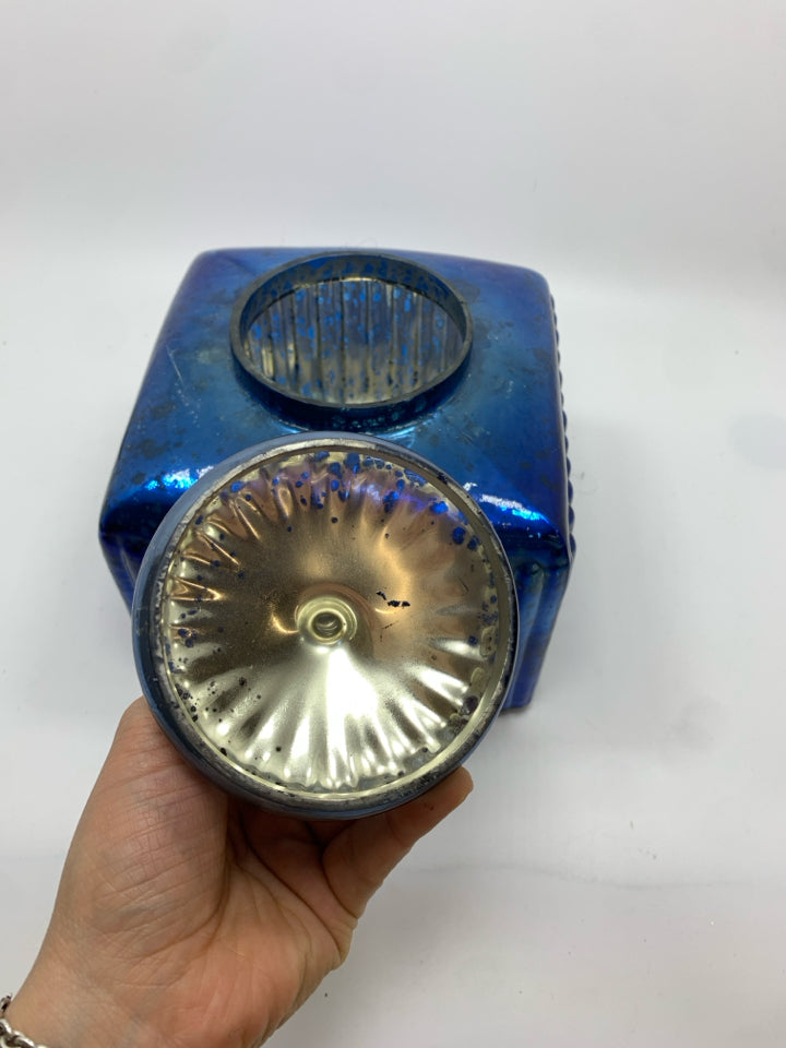 BLUE SQUARE MERCURY GLASS JAR W/LID.