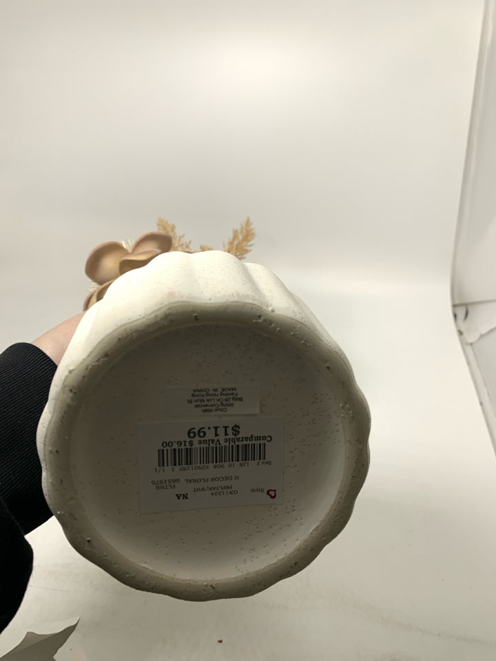 WHITE VASE W/ LARGE LEAF/WHEAT AND FLOWER.