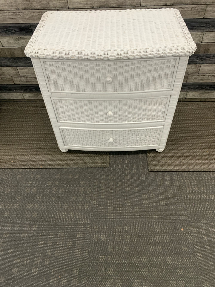 WHITE WICKER 3 DRAWER DRESSER.