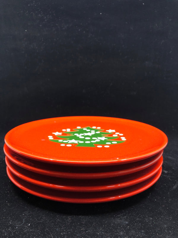 4 RED CERAMIC CHRISTMAS LUNCH PLATES W TREE.