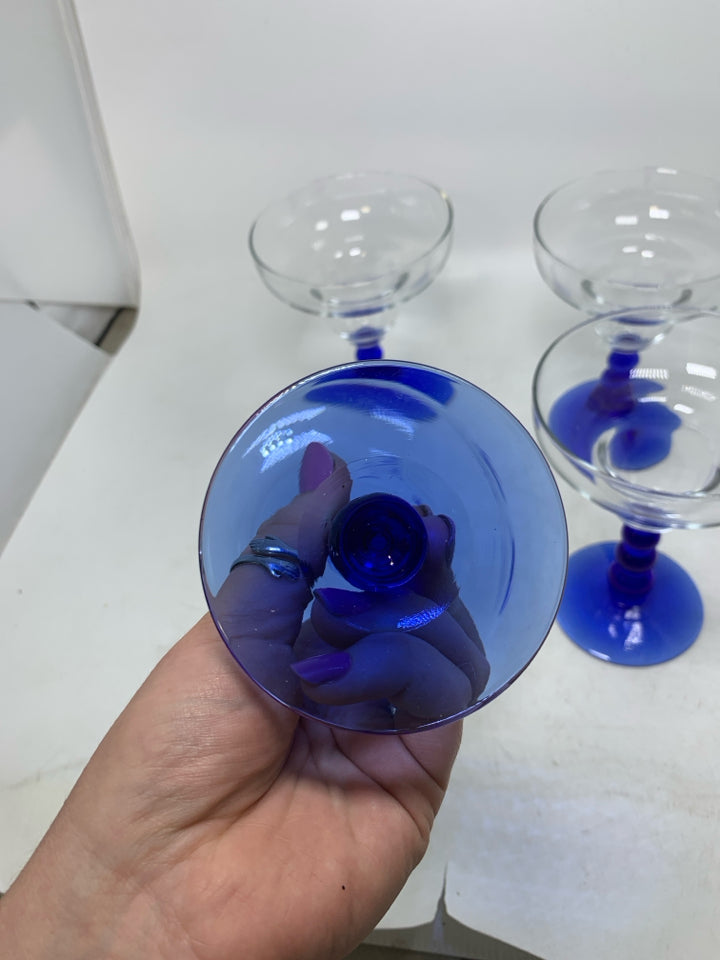 4 BLUE STEM MARGARITA GLASSES.