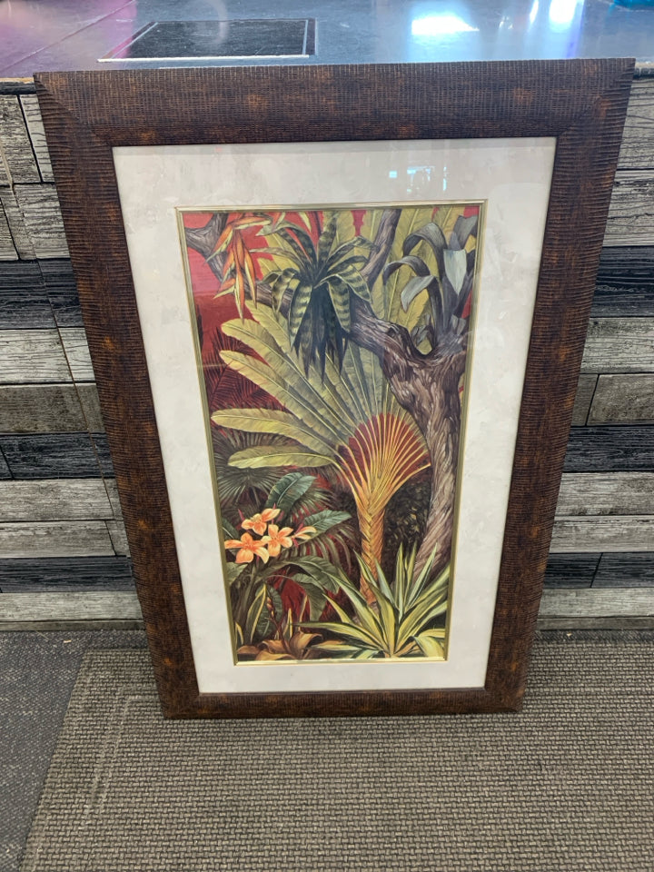 TROPICAL TREES PRINT IN BRONZE FINISH FRAME.