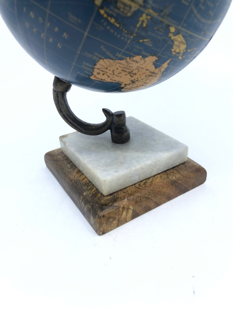 SMALL DESK GLOBE ON WOOD + STONE BASE.