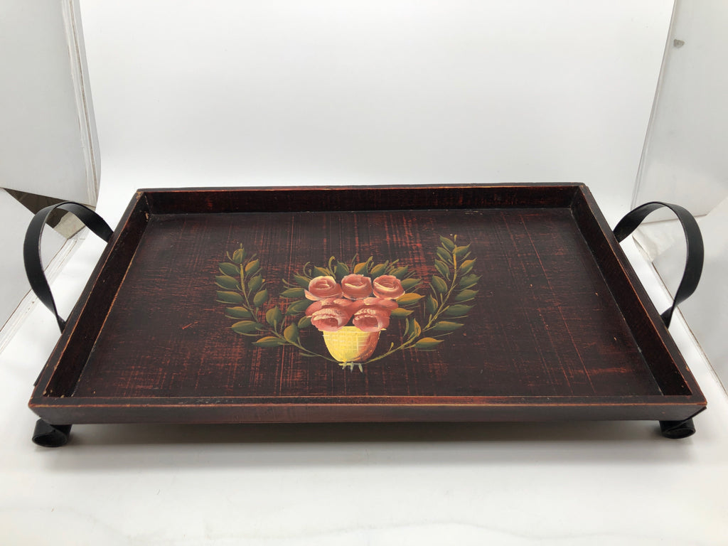 ROSE PAINTED WOOD TRAY W/METAL HANDLES AND FEET.
