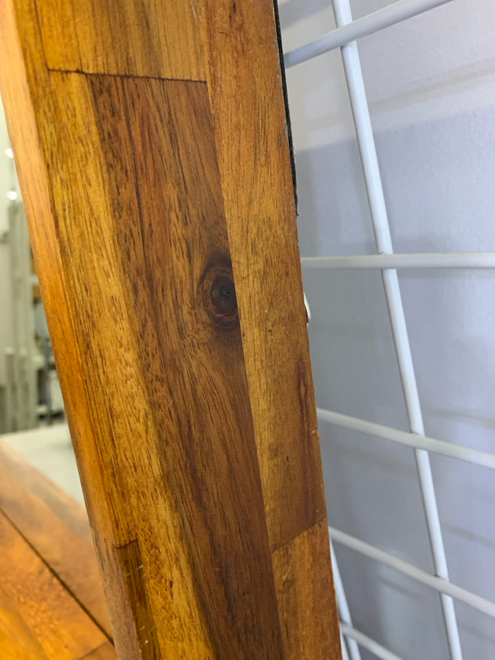 BROWN WOODEN SHELVES & MIRROR WALL HANGING.