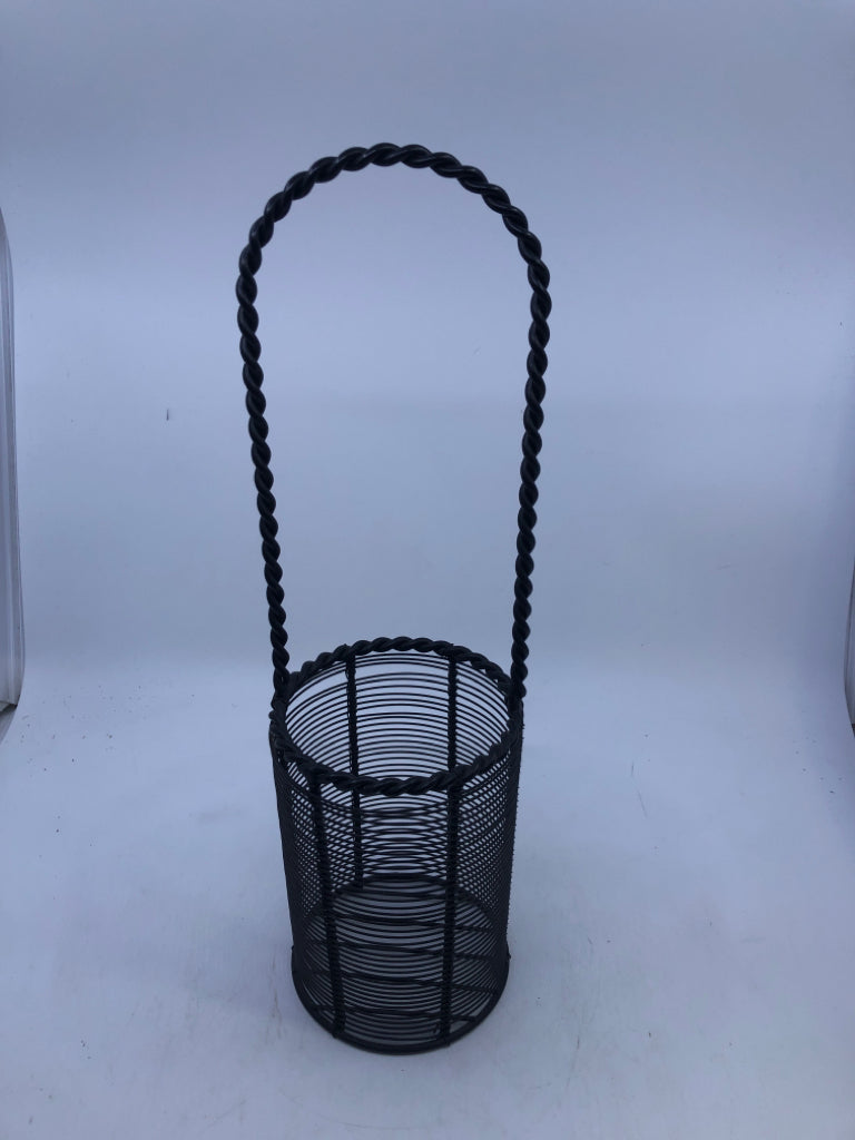 TALL BLACK METAL BOTTLE BASKET.