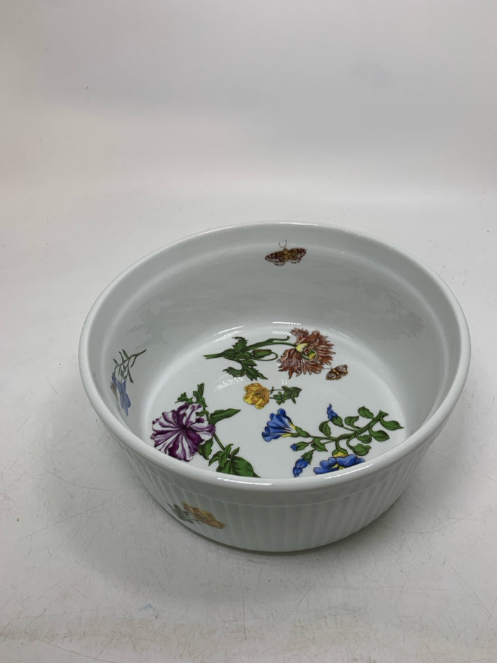 VTG COROLINE PATTERN FLOWERS/BUTTERFLIES RIBBED CIRCLE BAKING DISH.