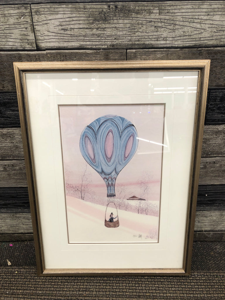 HOT AIR BALLOON ART PRINT IN SILVER FRAME.
