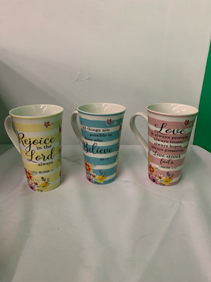 3 COLOR BIBLE VERSE MUGS.