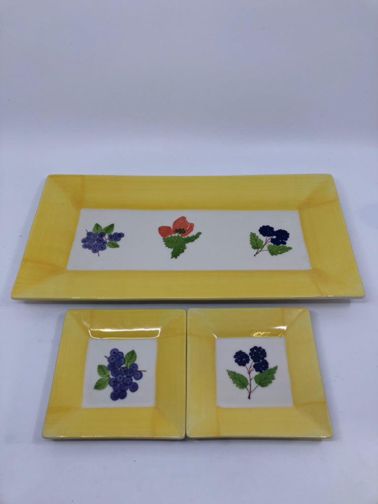3PC PORTUGUESE YELLOW CERAMIC PLATTER + 2 PLATES.