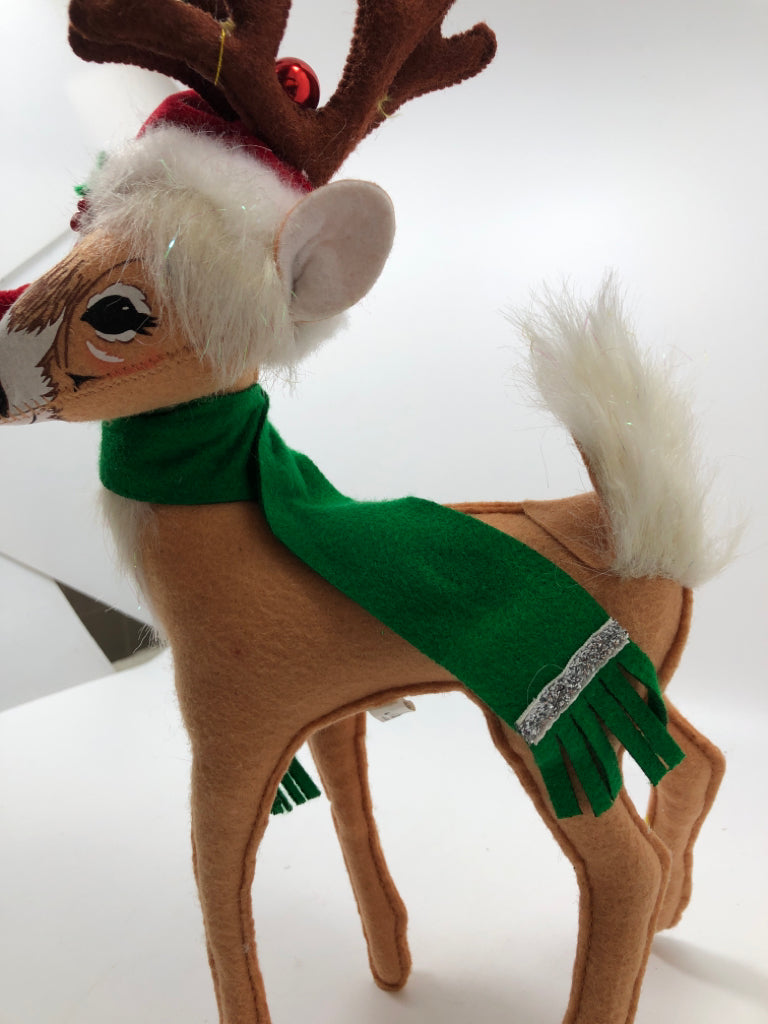 ANNALEE REINDEER W/ SANTA HAT & GREEN SCARF.
