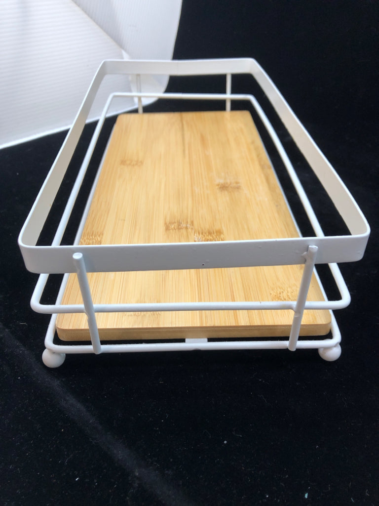 WHITE METAL W/ WOOD BOTTOM BIN.