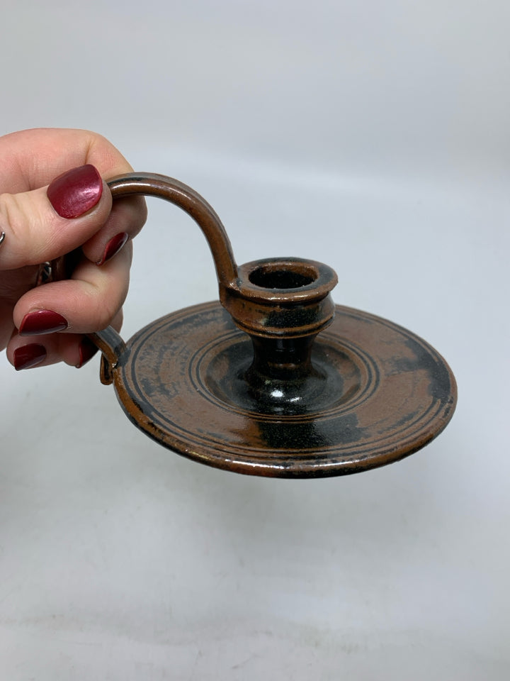 SHORT BROWN/BLACK TAPERED CANDLE HOLDER POTTERY.