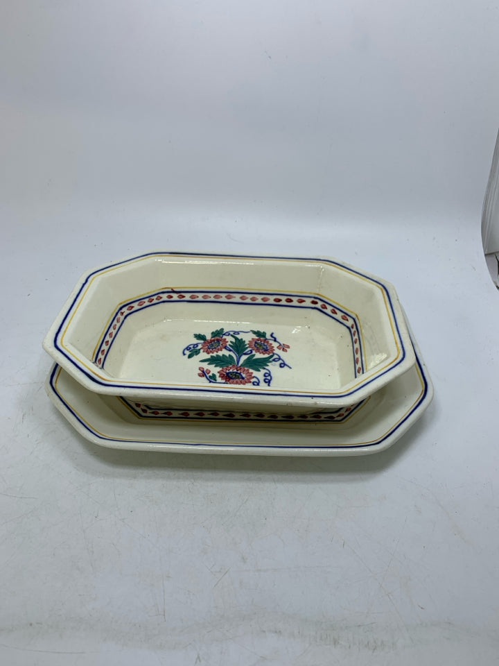 VTG 2 PC GEOMETRIC SHAPED SERVING BOWL W/ UNDER PLATE FLOWERS IN CENTER GEORGE J