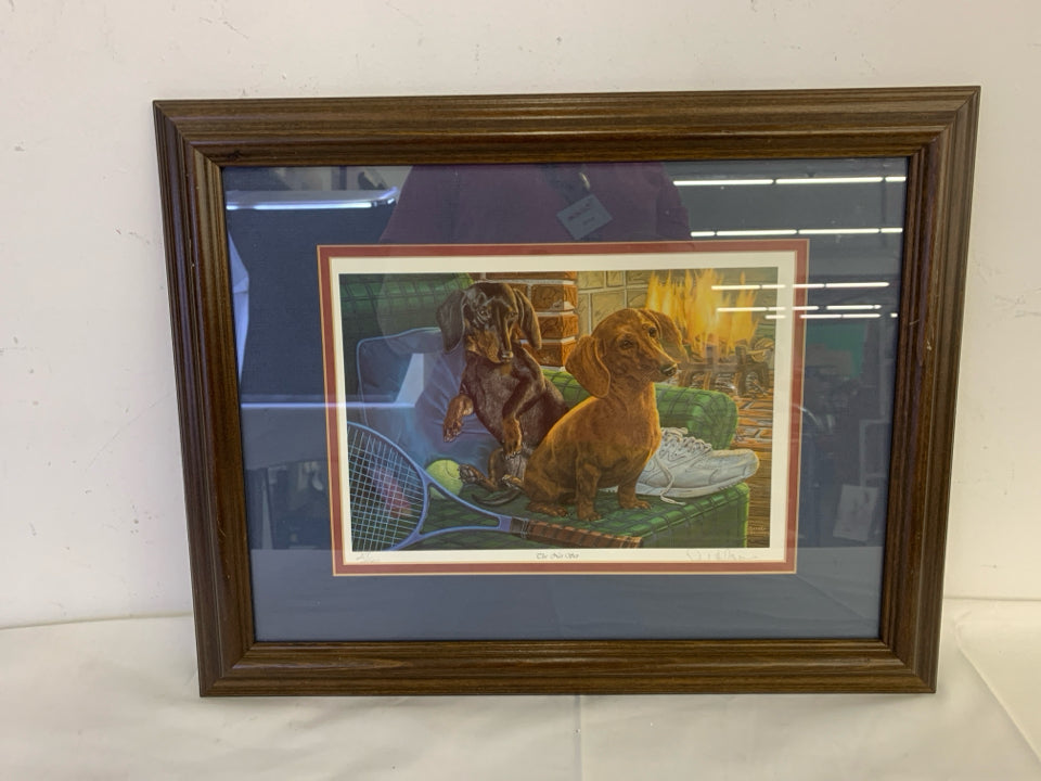 2 DACHSHUND SITTING "NET SET" TENNIS THEME- FRAMED SIGNED PRINT.