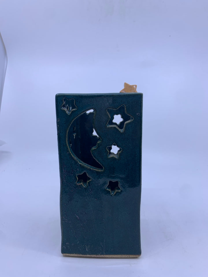 POTTERY SQUARE TEA LIGHT HOLDER W/ STAR + MOON CUTOUTS.