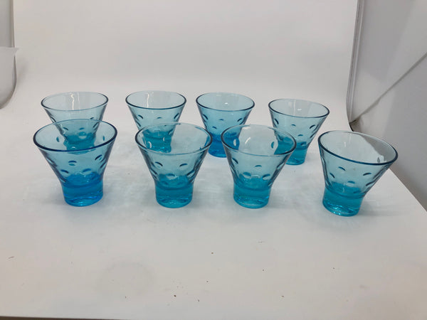 8 SHORT VTG BLUE GLASSES W/ EMBOSSED CIRCLE.